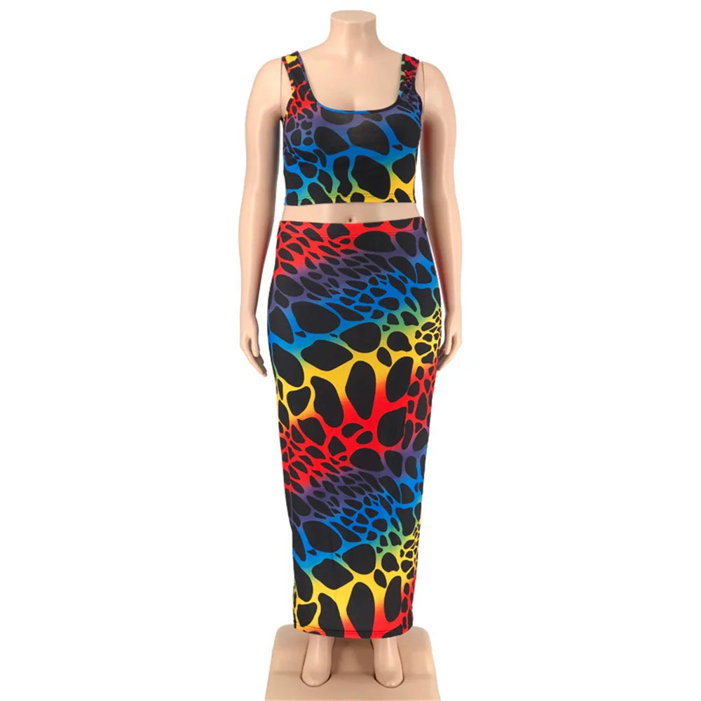 Plus Size Skirts Sets Women Wholesale Print Bodycon Fashion Square Collar Tops Maxi Skirt Casual New Two Piece Suit Dropshipping