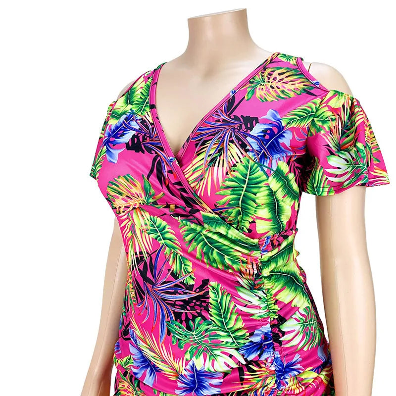 Plus Size Dresses for Women Summer 2021 Wholesale  V Neck Print Casual Draped Bandage Elegant Holiday Mini Dress Dropshipping