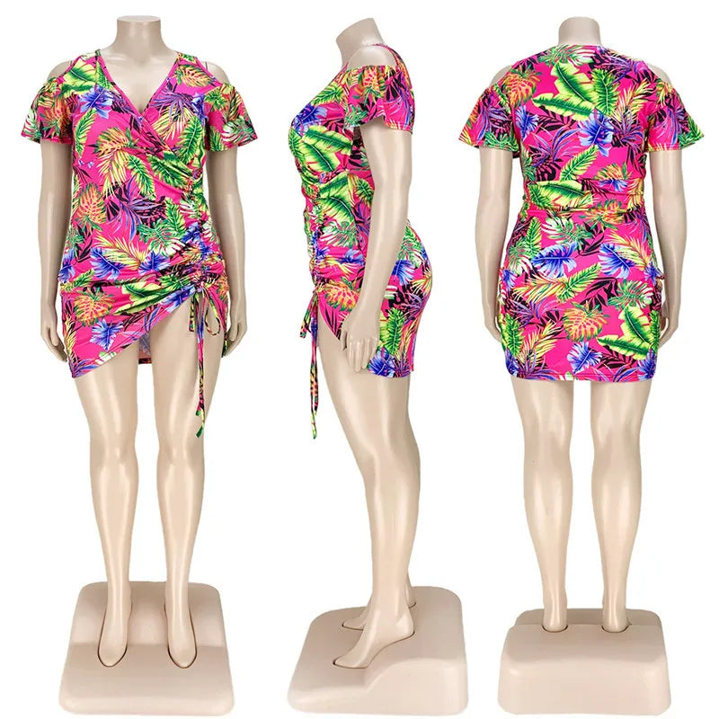 Plus Size Dresses for Women Summer 2021 Wholesale  V Neck Print Casual Draped Bandage Elegant Holiday Mini Dress Dropshipping