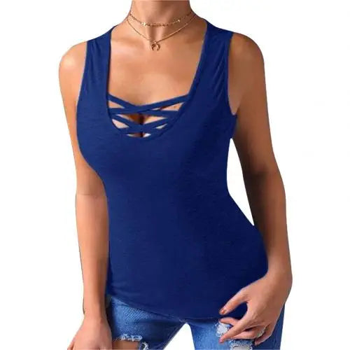 Plus Size Fashion Summer Solid Color Women Clothing Cross Strap Round Neck Selveless Casual Loose Tank Top Vest Tops