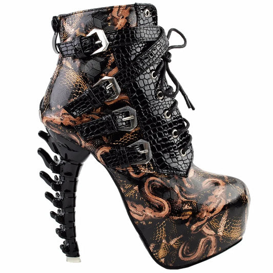 Punk Snake Pattern Bone High Heel Platform Boots