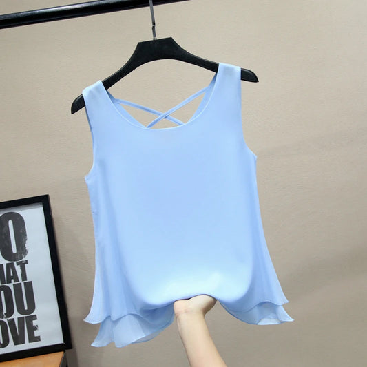 2024 Fashion Brand sleeveless Women's blouse Summer Chiffon shirt Sheer O-Neck Casual blouse Plus Size 6XL Loose Female Tops