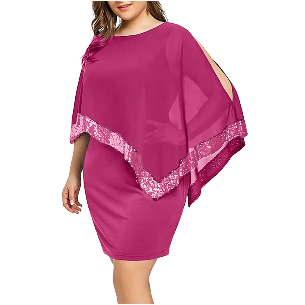 Plus Size Summer Dress Women Sexy Cold Shoulder Overlay Asymmetric Chiffon Strapless Sequins Dresses Evening Party Dress 5XL