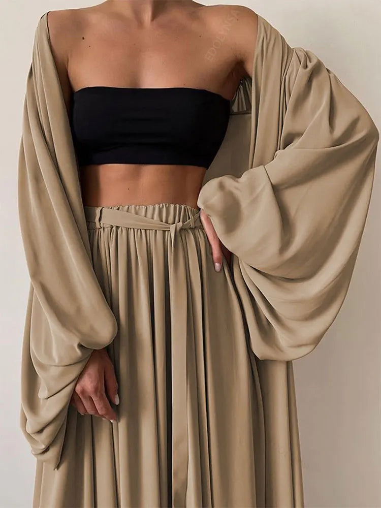 Sexy Solid Color Three-Piece Set 2025 Autumn Women Tube Top Beach Dress Crop Top Trousers Long Sleeve Cardigan 3 Piece Set A1642