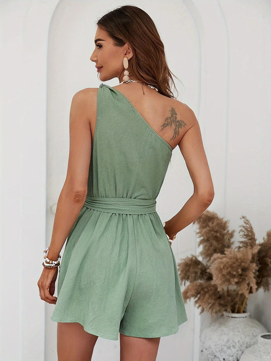 Women Stylish Elegant Solid Jumpsuit Asymmetrical One-shoulder Skew Collar Lace-up Waist Jumpsuit For Women Summer Clothing Sale