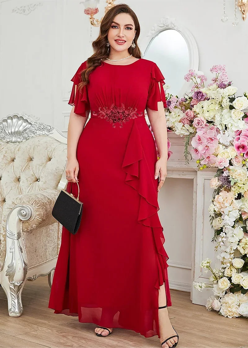Plus Size Summer Purple Red Chiffon Dress Luxury Wedding Ruffle Applique Plus Size Crew Neck Mixi Dress For Women