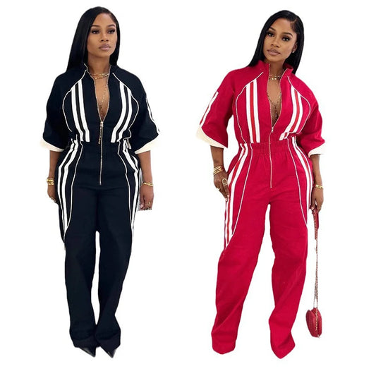 Women Jumpsuits for Spring Half Sleeve Zip Front Stripe Loose Trends Streetwear Overalls Wide Leg Pants Trousers 2025 Summer New