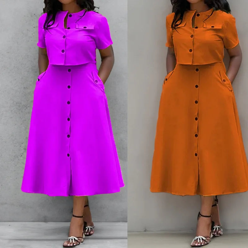 Women Top Skirt Sets Summer Short Sleeve O-Neck Button Shirt + Midi Skirts Two 2 Piece Setss 2024 Elegant Office Ladies Suits