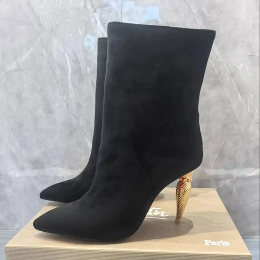 Gold Metal Bullet-Shaped Heel Short Boots For Women Pointed Toe Back Zipper Black Leather Boats Female High Heels Elegant 36-42