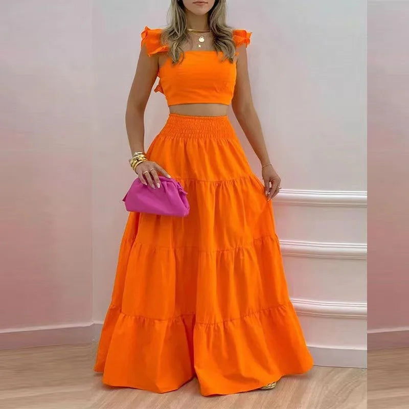 Dress Set Two-piece Women's Clothing Solid Color Sexy Suspender Large Swing Skirt Short Sleeved Square Neck Top Summer Outfits