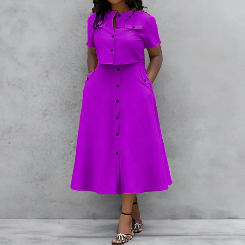 Women Top Skirt Sets Summer Short Sleeve O-Neck Button Shirt + Midi Skirts Two 2 Piece Setss 2024 Elegant Office Ladies Suits