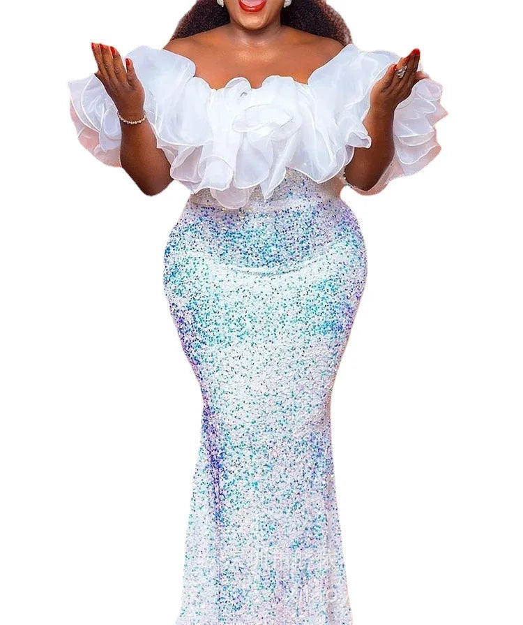 Plus Size Women Wedding Party Dresses Fashion Strapless Mesh Splicing Elegant Sequins Summer Dress Large Lady Evening Dresses