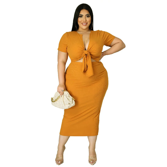 V Neck Casual Top Skirt 2 Piece Set