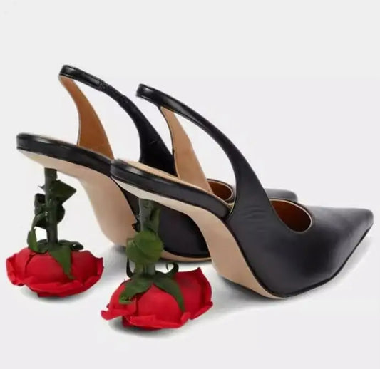 Rose Flower Slingback Real Leather Unique Heels