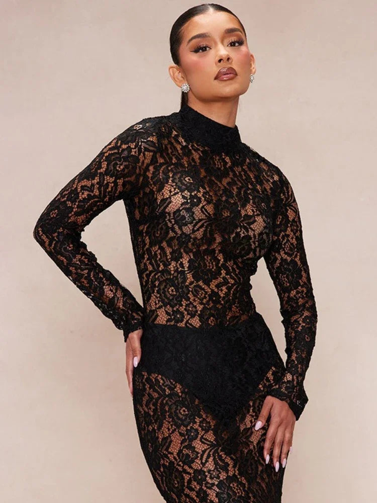 Fashion Sexy Long Sleeve Hollow Out Lace Long Dress for Women Elegant See-through Bodycon Wedding Party Dresses Evening Gown