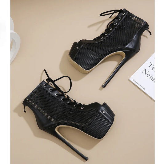 Eilyken Autumn Sexy Mesh Fabric Platform High Heels Boots Sandals Women Peep Toe Nightclub Party Stiletto Female Shoes
