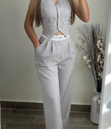 Elegant Two Piece Sets For Women 2025 Summer Buttoned Vest Top & Pocket Decor High Waist Wide Straight Leg Pants Set Streetwear