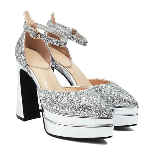 Sequins Glitter Bling Party Bride Shoes Shiny Golden Silver Pointed Toe Platform Mary Janes Summer Thick High Heels Sandals