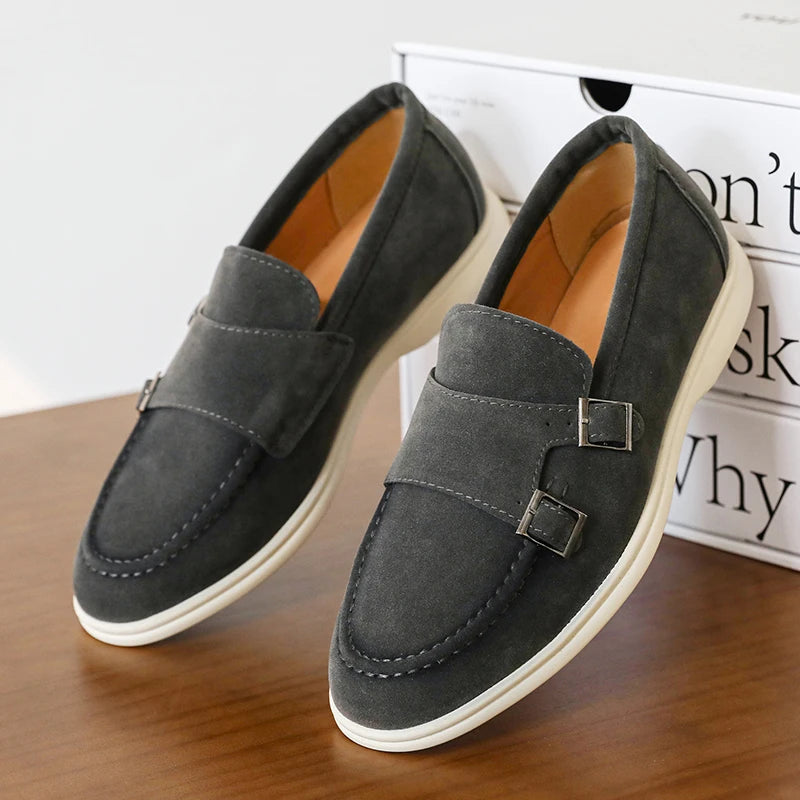 Suede Leather Men's Business Casual Shoes Handmade Double Buckle Loafers Leisure Slip on Flats Outdoor Male Driving Moccasins