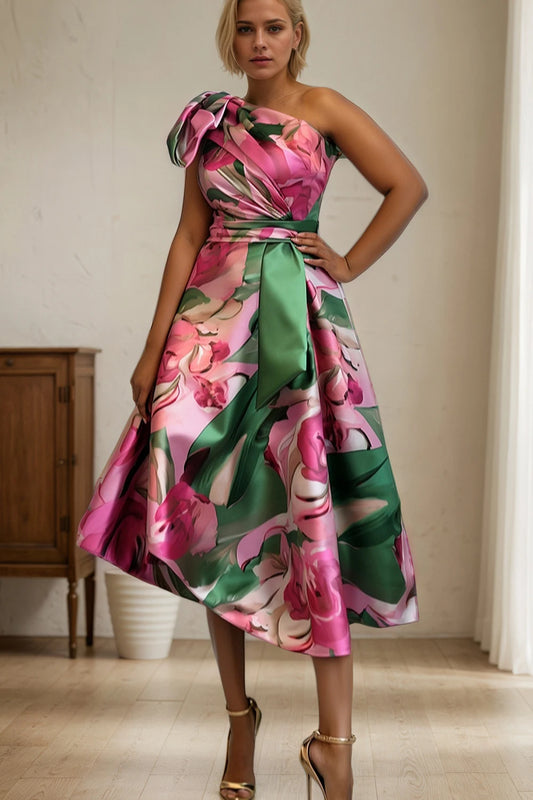 Women's Plus Size Dress One Shoulder Ruched Elegant Vintage Casual Party Evening Floral Printed Midi Dress with Belt Tank Dress