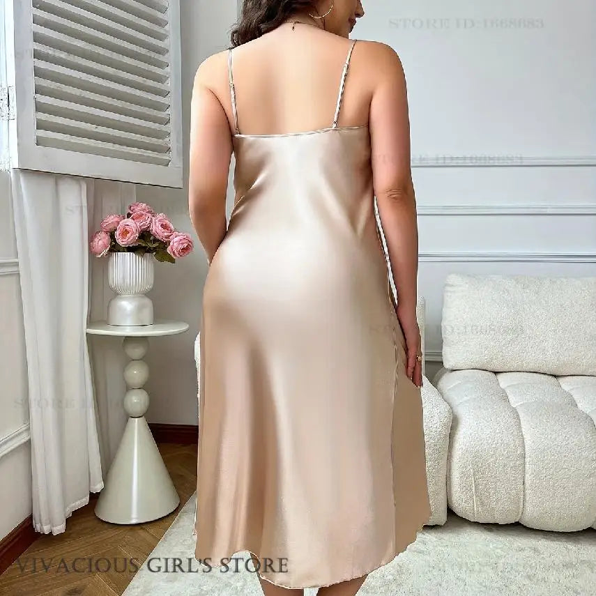 Plus Size 3XL-5XL Long Nightgown Female Chemise Sleepwear Homedress Sexy Lace Suspender Nightdress Lingerie Silk Satin Homewear