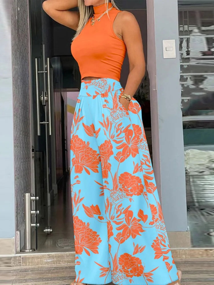 Sleeveless Tank Top Wide Leg Pants 2 Piece Set