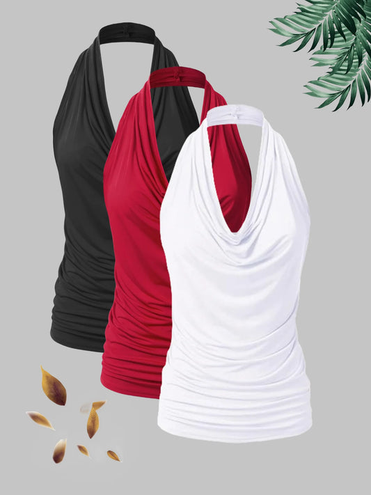 New fashion women's casual solid color neck strap plus size vest three-piece set