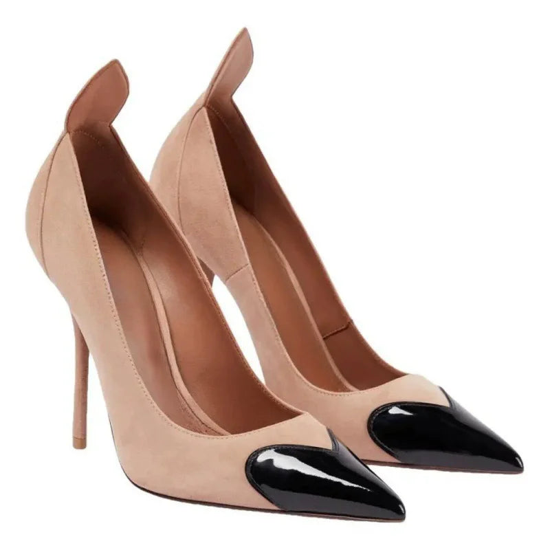High-heeled shoes spring pointed shallow suede heart-shaped patent leather stitching single shoes banquet large size women shoes