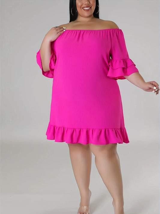 Plus Size1-5XL One-line CollarDress Off-the-shoulder Pleated Skirt Sexy Elegant Gentle Lady Milk Silk Elastic Fabric Comfortable