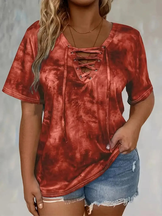 Women's Plus Size 1XL-5XL Fashion Tie Dye Print Loose Fit Tee with Lace-Up Short Sleeve T-Shirt Ladies Casual Drape Neck T-shirt