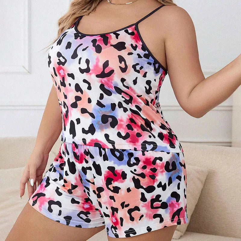 Plus Size Strap Pajama Set For Women Sexy Tank Tops+Shorts Suit Female XL-5XL Leisure Loose Home Clothes Printed Pattern Pajamas