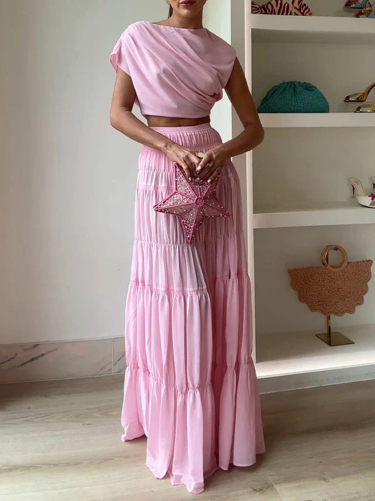 Summer Sexy Women Beach Skirt Two Piece Set Pink Slim Short Tops And Skirt Matching Suit Femme Party Club Skirt Outfit 2PCS Sets
