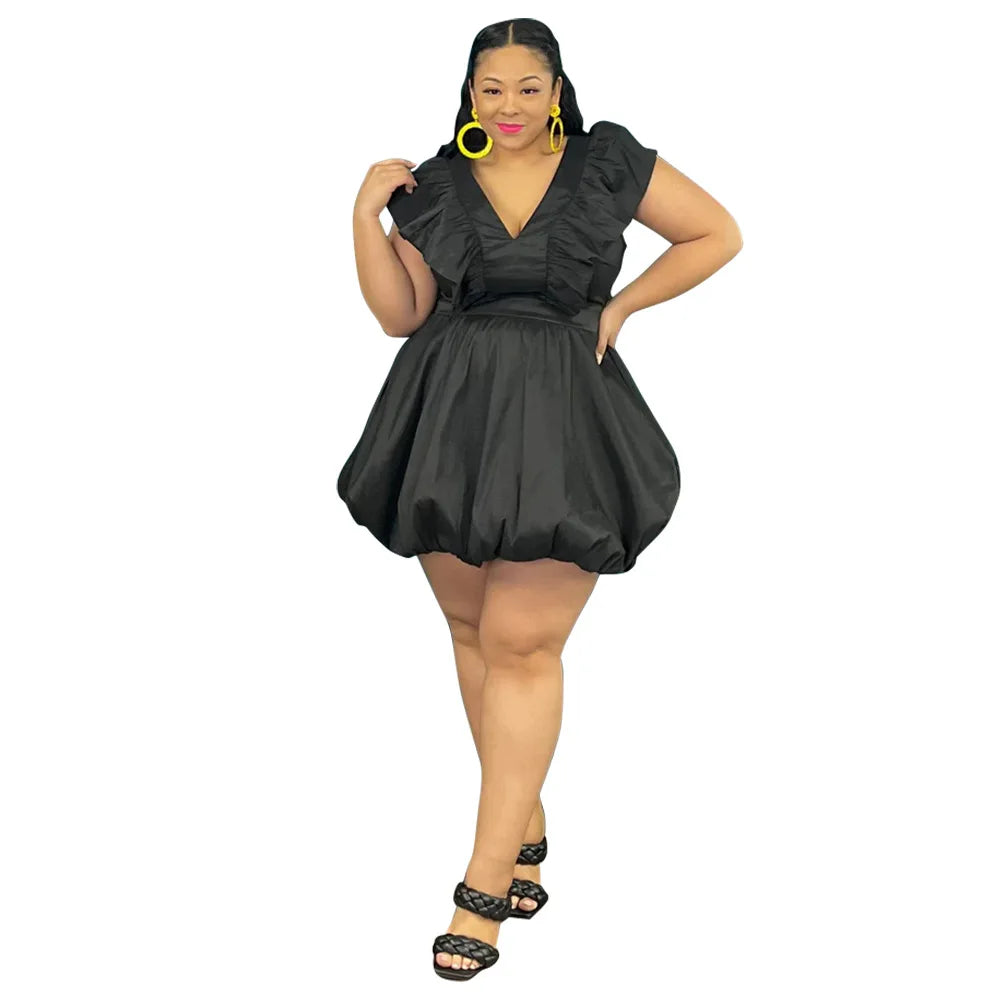 New Arrivals Vintage French Style Women Puff Dress Fashion V Neck Ruffles Sleeveless High Waist Party Dresses Plus Size 4XL