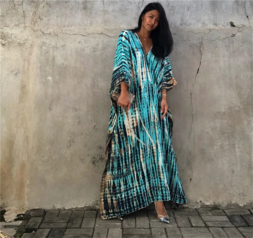 Plus Size Boho Cover Up Dress, Women's Plus Colorblock Floral Print Bat Sleeve V Neck Slight Stretch Split Cover Up Dress