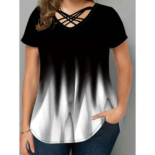 Plus Size 1XL-5XL Women Fashion Half Sleeve T-Shirt Printed Gradient BeltT-shirt Women'sCasual Color Gradient V-neck Cross Shirt