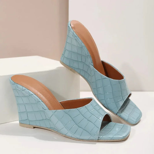 Snake Print Leather Wedge Sandal Slippers