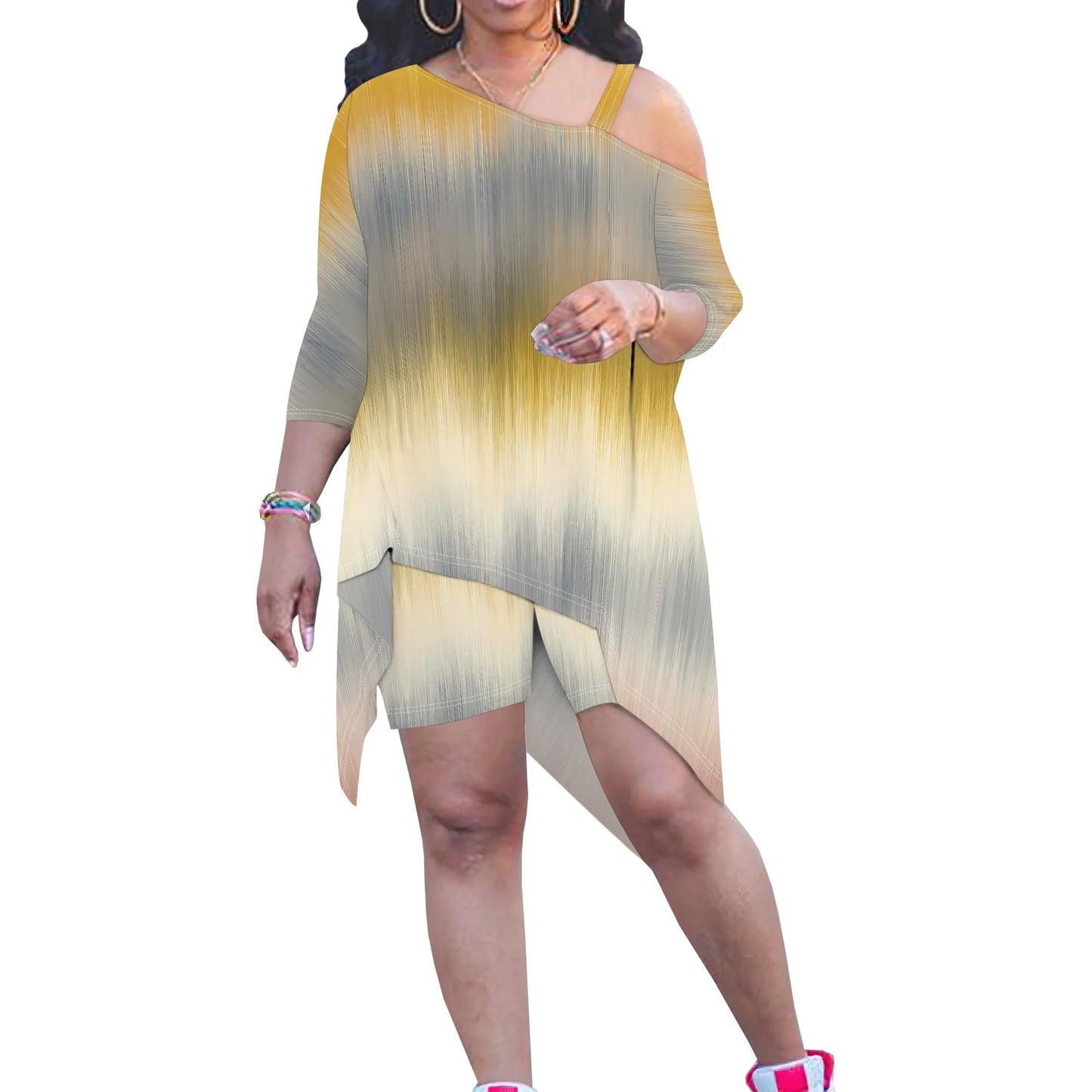 Plus Size Women Irregular Two Piece Set Orange and Green Abstract Print Top and Shorts Casual Set