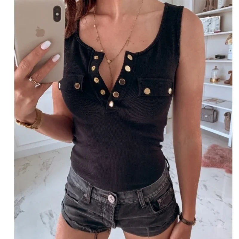 S-5XL New Casual Vest Blouse Ladies Fashion Tank Tops Summer Women's Fashion Slim Sexy Button Shirt Cotton Sleeveless T-shirt