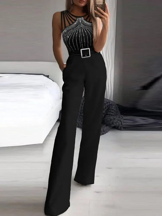 Summer Jumpsuits Women 2025 New Fashion Office One Pieces Black Multi Strap Sleeveless Rhinestone Bootcut Jumpsuit Overalls