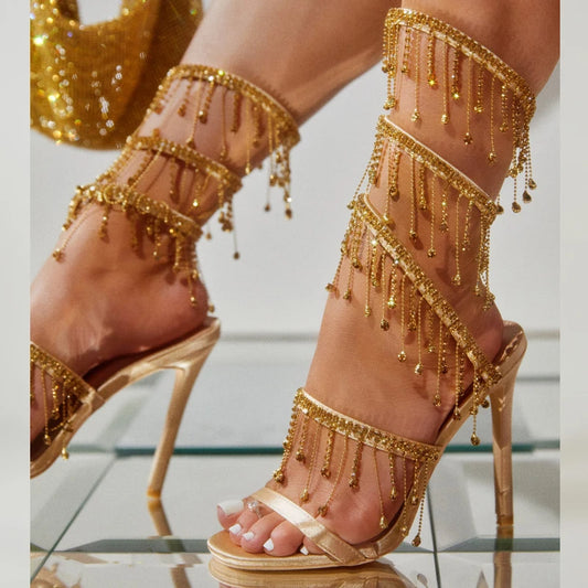 Aneikeh 2026 Fashion Sexy Rhinestone String Bead Ankle Strap High Heels Women Summer Silk Round Toe Open Toe Sandals Party Dress