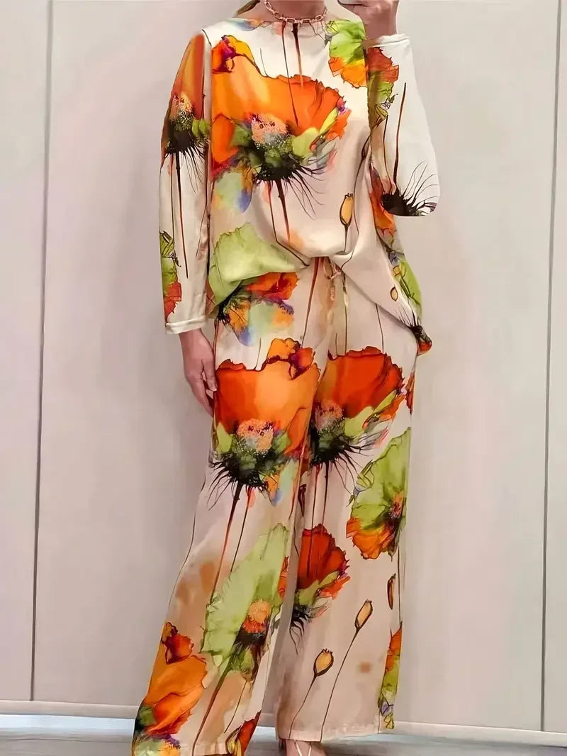 Plus Size 1XL-5XL Women Relaxed Fashion Floral Print Round Neck Top Long Pants Sets Ladies Casual Two-pieces Sets