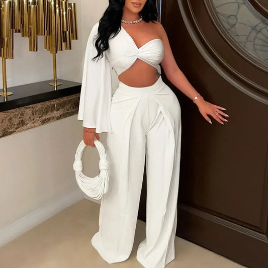 One Shoulder Crop Top & Pants 2 Piece Set