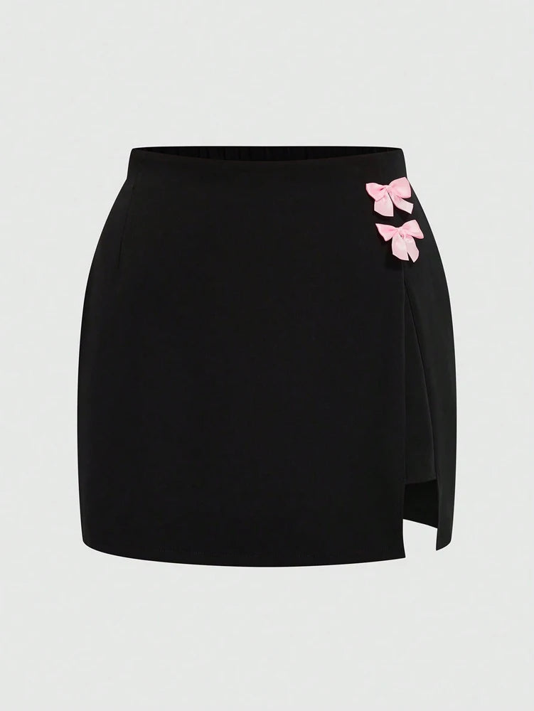 Top & Bowknot Slit Skirt Two Piece Set