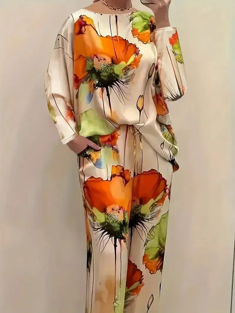 Plus Size 1XL-5XL Women Relaxed Fashion Floral Print Round Neck Top Long Pants Sets Ladies Casual Two-pieces Sets