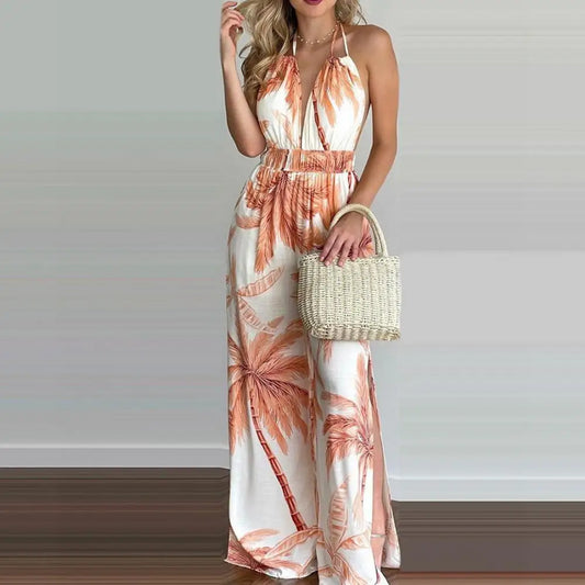 Sexy Sleeveless Halter Jumpsuit Women 2022 Summer Romper Floral Print Wide Leg Long Pants for Women Jumpsuits комбинезон женский