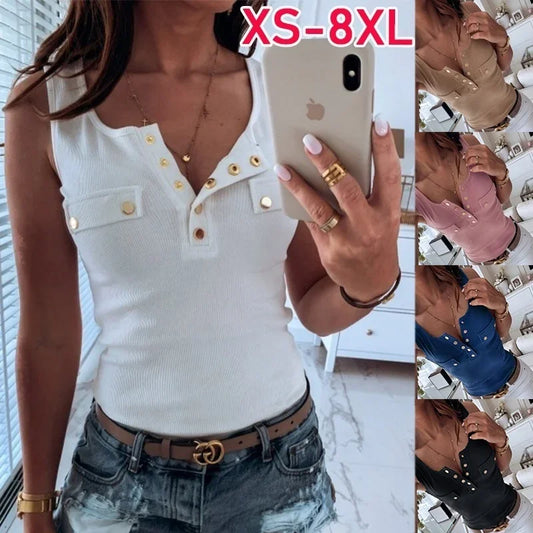 S-5XL New Casual Vest Blouse Ladies Fashion Tank Tops Summer Women's Fashion Slim Sexy Button Shirt Cotton Sleeveless T-shirt