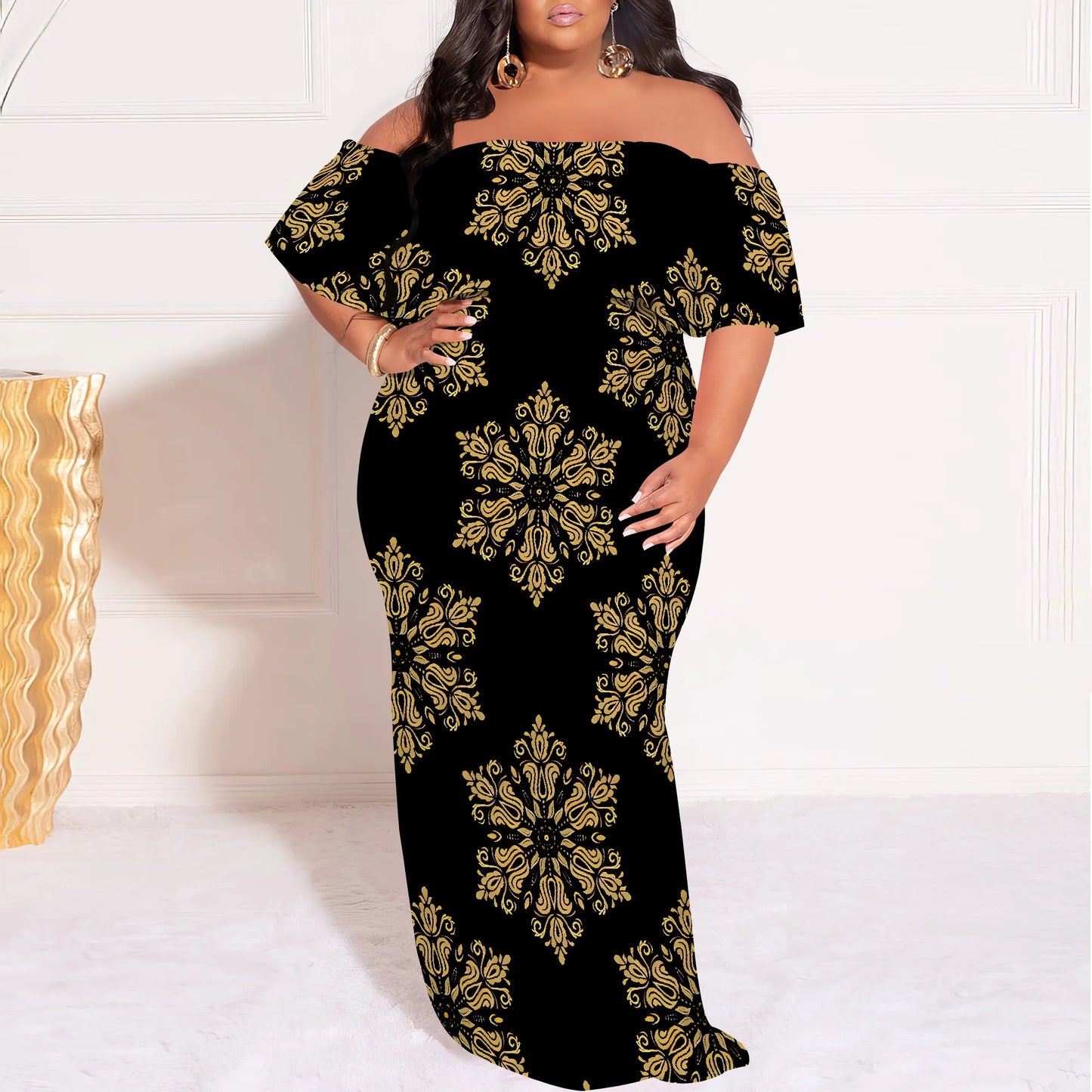 Plus Size Elegant Off Shoulder Dress for Women African Inspired Pattern Long Evening Gown