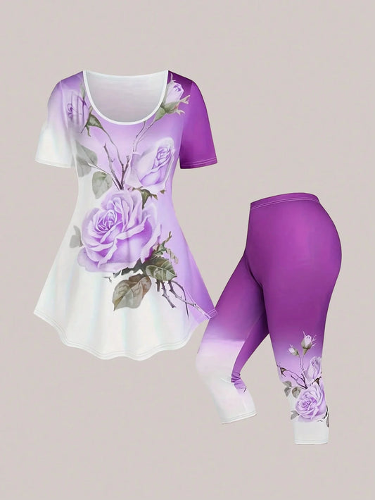Plus Size Floral Print Two-piece Set, Crew Neck Short Sleeve Top & Skinny Capri Pants Outfits, Women's Plus Size Clothing