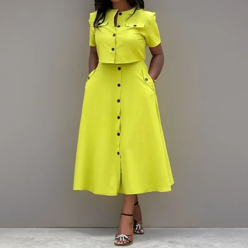 Women Top Skirt Sets Summer Short Sleeve O-Neck Button Shirt + Midi Skirts Two 2 Piece Setss 2024 Elegant Office Ladies Suits