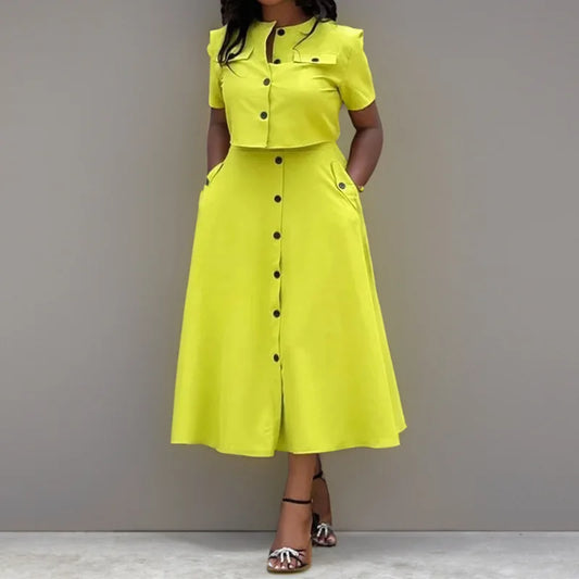 Women Top Skirt Sets Summer Short Sleeve O-Neck Button Shirt + Midi Skirts Two 2 Piece Setss 2024 Elegant Office Ladies Suits